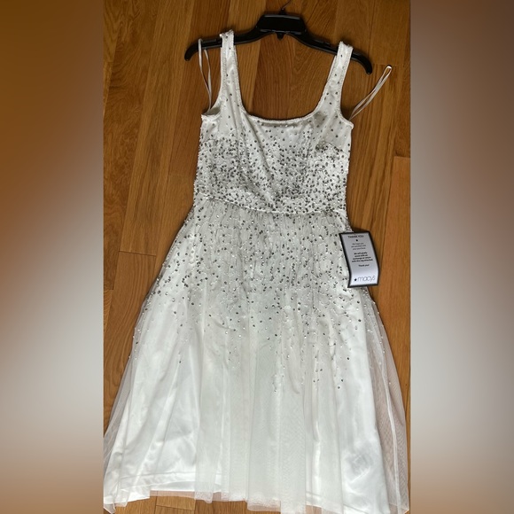 🌺 Adrianna Papell Beaded Shirred Mesh Dress With Sequins - Picture 5 of 9